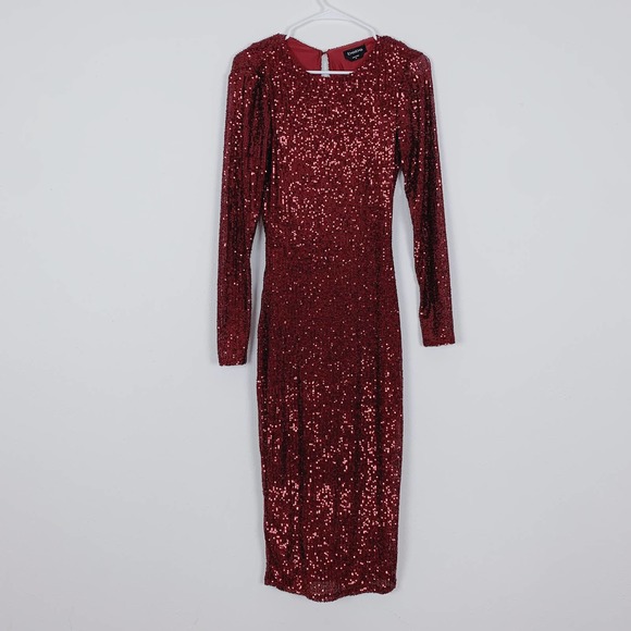 Bebe Red Sequin Long Sleeve Cowl Back Midi Dress - Picture 5 of 8